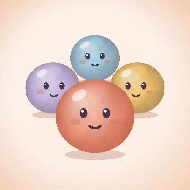 Los cuatro personajes de la cuenta: cuatro bolitas sonrientes en coral, lavanda, miel y azul bruma.